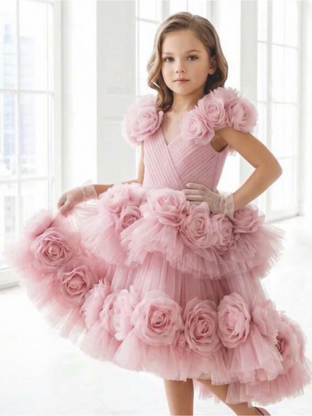 Girls Pink Rose-Applique Tulle Party Dress
